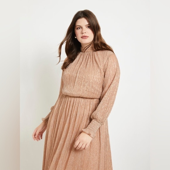 Eloquii Plus Size Shimmer Rose Gold Puff Sleeve Gathered Waist Dress sz 14 - Picture 1 of 16